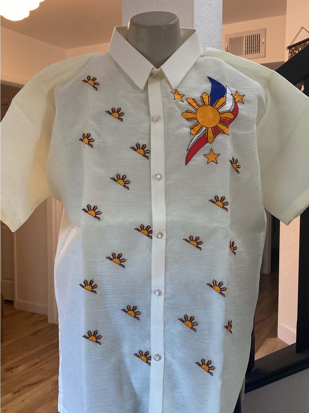 Cream Barong Tagalog Short-Sleeve Embroidered Button-Up Shirt